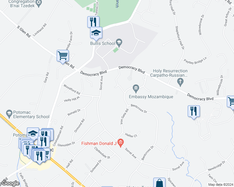 map of restaurants, bars, coffee shops, grocery stores, and more near 10208 Iron Gate Road in Rockville