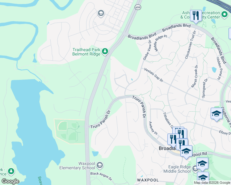 map of restaurants, bars, coffee shops, grocery stores, and more near 21409 Sturman Place in Broadlands