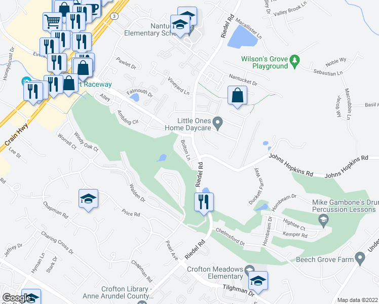 map of restaurants, bars, coffee shops, grocery stores, and more near 2427 Bolton Lane in Crofton