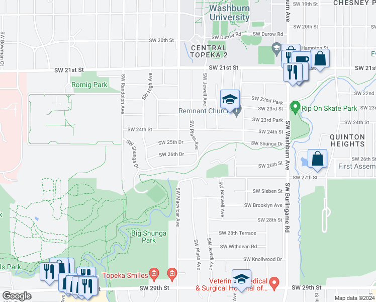 map of restaurants, bars, coffee shops, grocery stores, and more near 2312 Southwest 26th Drive in Topeka
