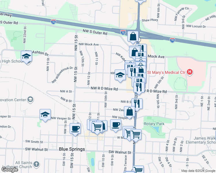 map of restaurants, bars, coffee shops, grocery stores, and more near 701 Northwest Range Street in Blue Springs