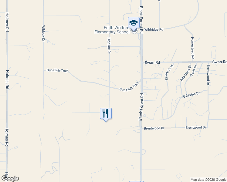 map of restaurants, bars, coffee shops, grocery stores, and more near 6625 Gun Club Trail in Colorado Springs