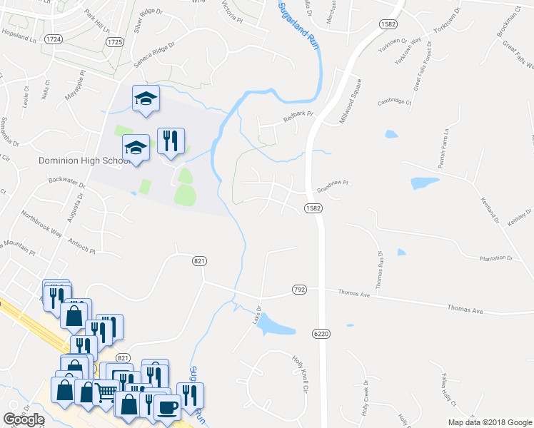map of restaurants, bars, coffee shops, grocery stores, and more near 21366 Sparrow Place in Sterling