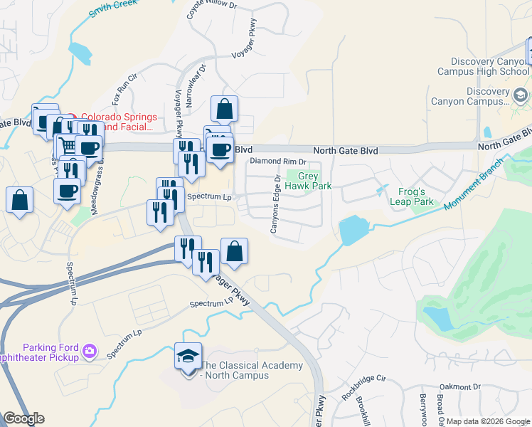 map of restaurants, bars, coffee shops, grocery stores, and more near 814 Diamond Rim Drive in Colorado Springs