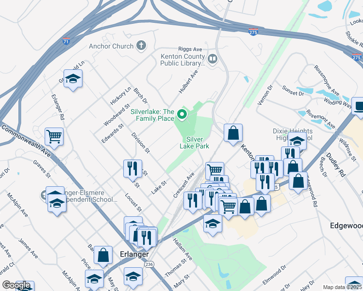map of restaurants, bars, coffee shops, grocery stores, and more near 3149 Place Street in Erlanger