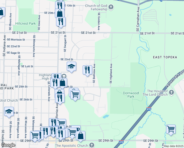 map of restaurants, bars, coffee shops, grocery stores, and more near 2301 Southeast Bellview Avenue in Topeka