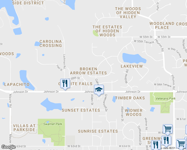 map of restaurants, bars, coffee shops, grocery stores, and more near 5722 Oakview in Shawnee
