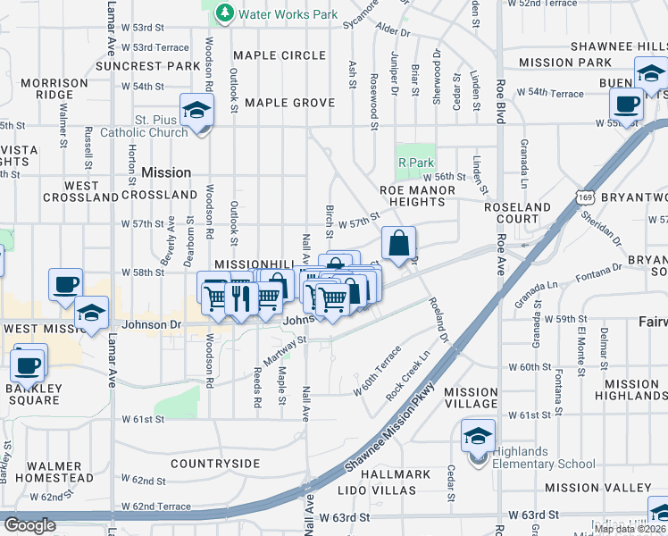 map of restaurants, bars, coffee shops, grocery stores, and more near 5301 West 58th Street in Roeland Park