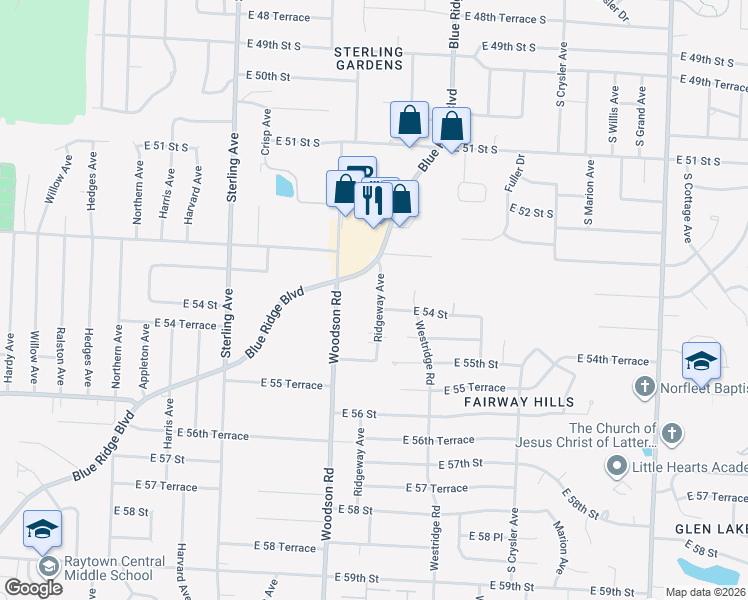 map of restaurants, bars, coffee shops, grocery stores, and more near 5338 Ridgeway Avenue in Kansas City