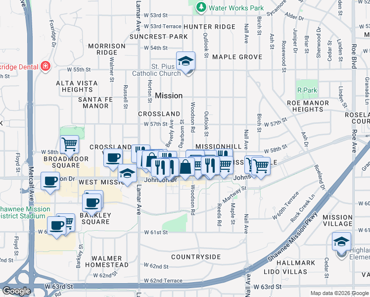 map of restaurants, bars, coffee shops, grocery stores, and more near 5912 West 58th Street in Mission