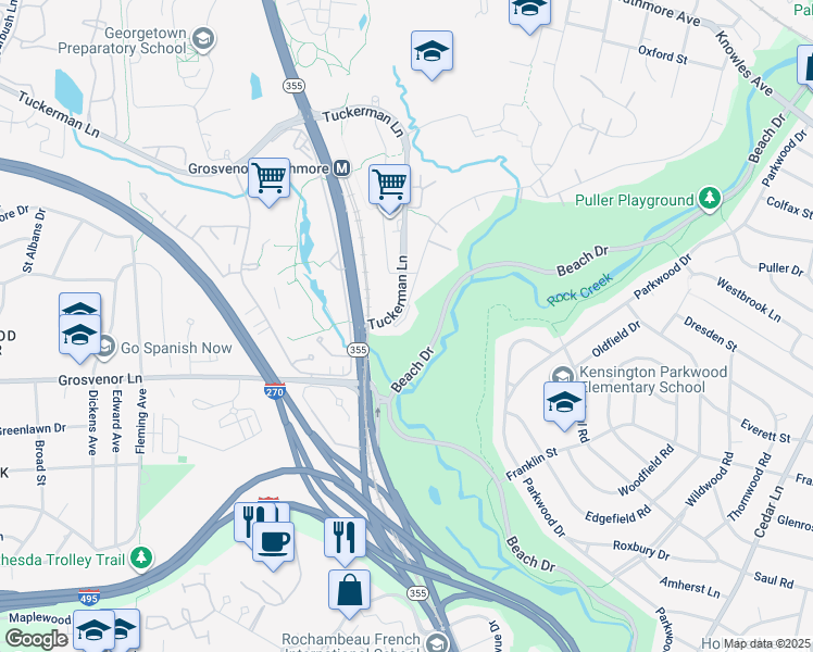 map of restaurants, bars, coffee shops, grocery stores, and more near 10307 Montrose Avenue in Bethesda