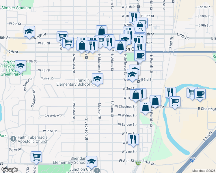 map of restaurants, bars, coffee shops, grocery stores, and more near 313 West 2nd Street in Junction City
