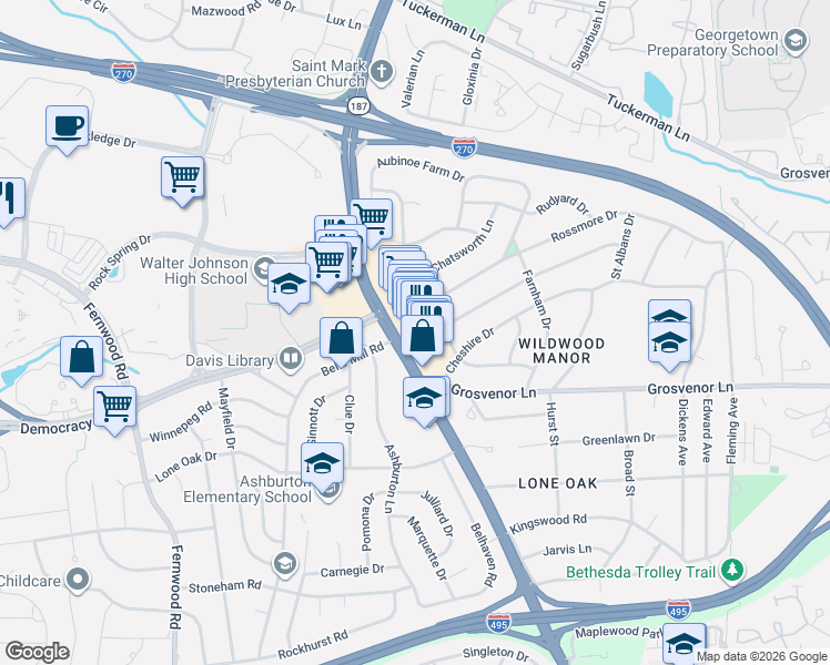 map of restaurants, bars, coffee shops, grocery stores, and more near 10251 Old Georgetown Road in Bethesda