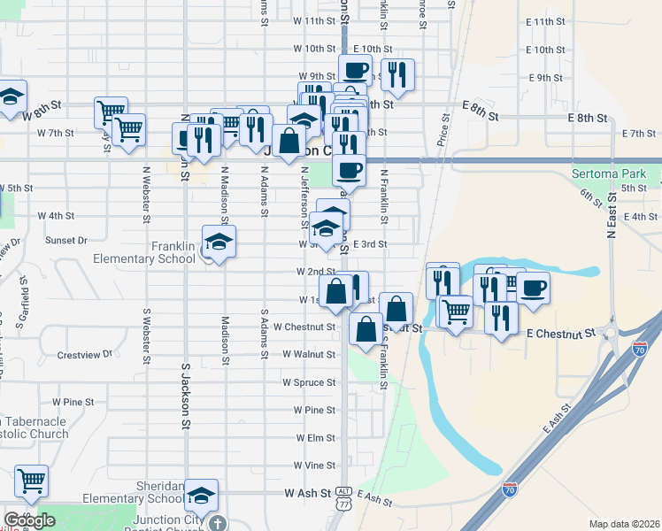 map of restaurants, bars, coffee shops, grocery stores, and more near 150-198 North Washington Street in Junction City