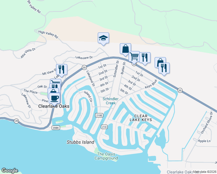 map of restaurants, bars, coffee shops, grocery stores, and more near 12956 5th Street in Clearlake Oaks