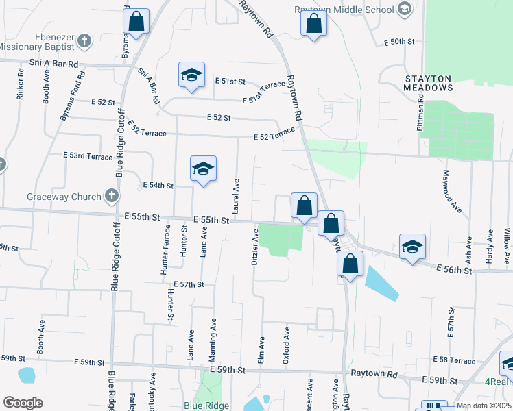 map of restaurants, bars, coffee shops, grocery stores, and more near 5420 Ditzler Avenue in Raytown