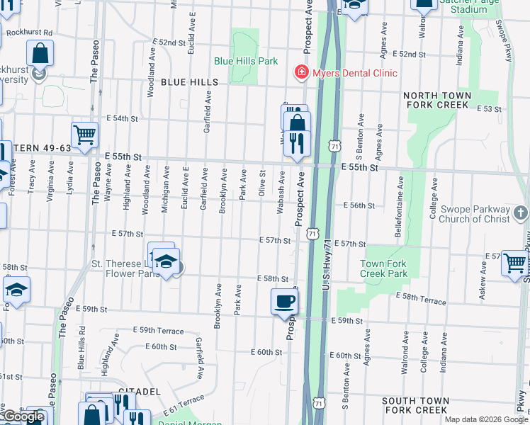 map of restaurants, bars, coffee shops, grocery stores, and more near 5622 Wabash Avenue in Kansas City