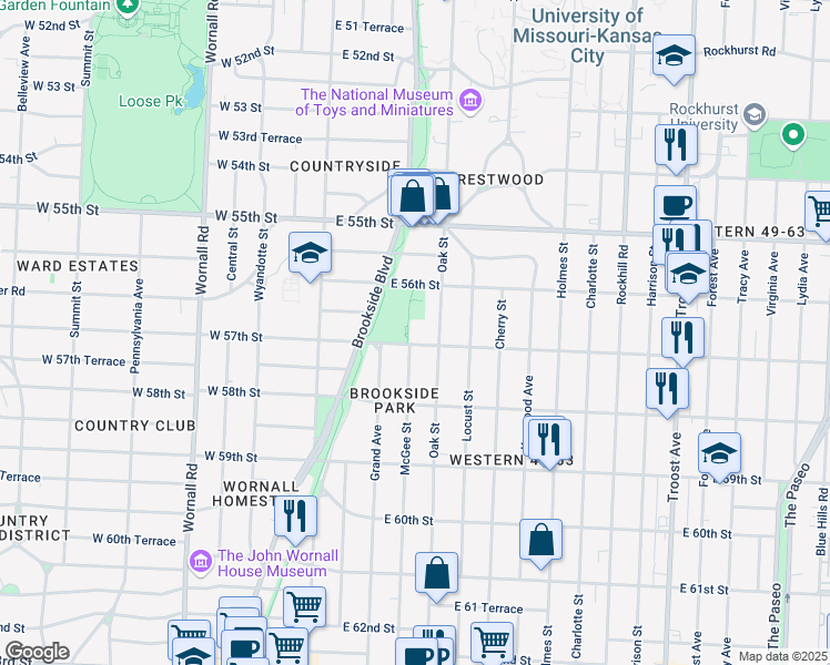 map of restaurants, bars, coffee shops, grocery stores, and more near 304 East 57th Street in Kansas City