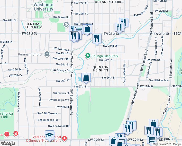 map of restaurants, bars, coffee shops, grocery stores, and more near 2536 Southwest Lincoln Street in Topeka