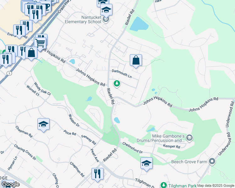 map of restaurants, bars, coffee shops, grocery stores, and more near 2319 Weymouth Lane in Crofton