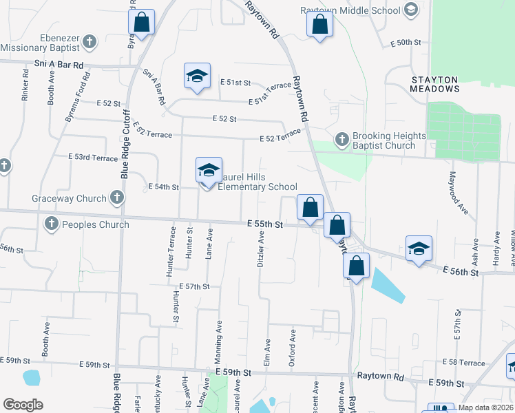 map of restaurants, bars, coffee shops, grocery stores, and more near 5420 Ditzler Avenue in Raytown