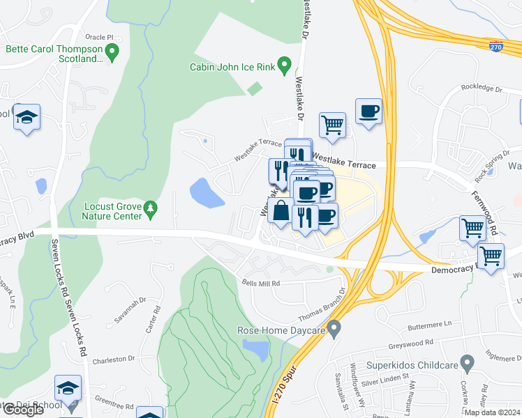 map of restaurants, bars, coffee shops, grocery stores, and more near 10218 Arizona Circle in Bethesda