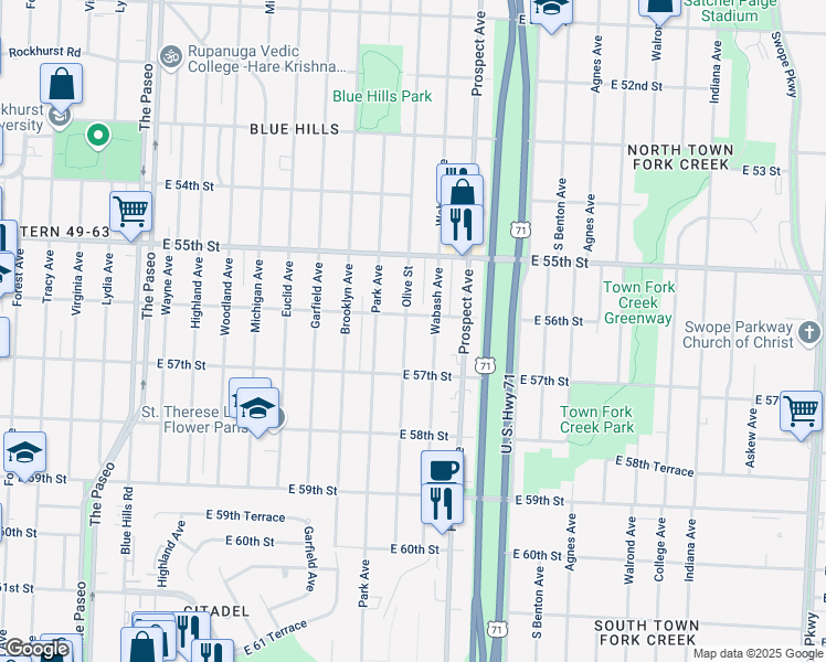 map of restaurants, bars, coffee shops, grocery stores, and more near 5622 Wabash Avenue in Kansas City