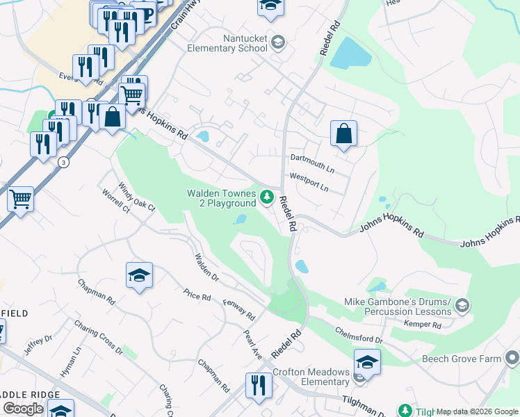 map of restaurants, bars, coffee shops, grocery stores, and more near 1518 Falstone Lane in Crofton