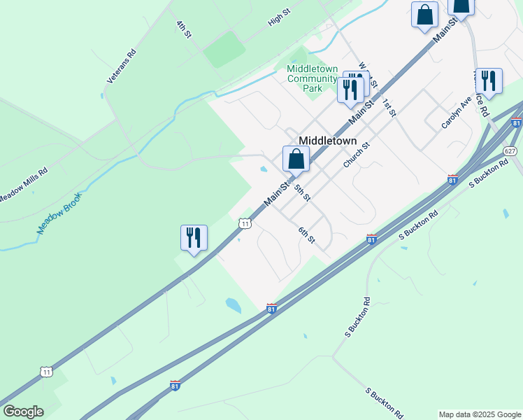 map of restaurants, bars, coffee shops, grocery stores, and more near 121 Midsummer Lane in Middletown