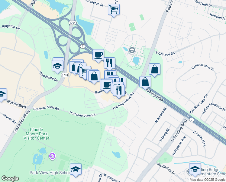 map of restaurants, bars, coffee shops, grocery stores, and more near 21385 Epicerie Plaza in Sterling