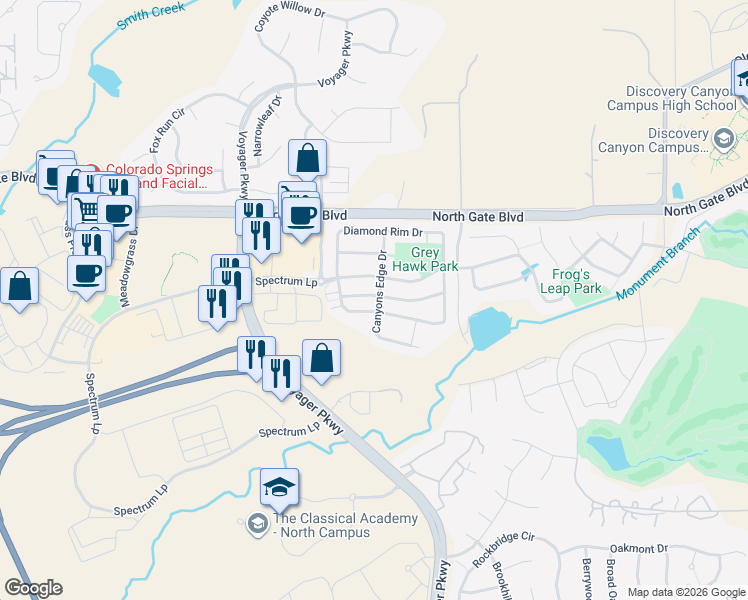 map of restaurants, bars, coffee shops, grocery stores, and more near 954 Diamond Rim Drive in Colorado Springs
