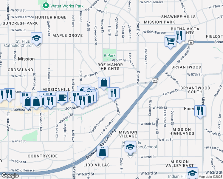 map of restaurants, bars, coffee shops, grocery stores, and more near 4801 Johnson Drive in Mission