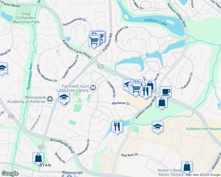 map of restaurants, bars, coffee shops, grocery stores, and more near 21381 Fitzgerald Drive in Ashburn
