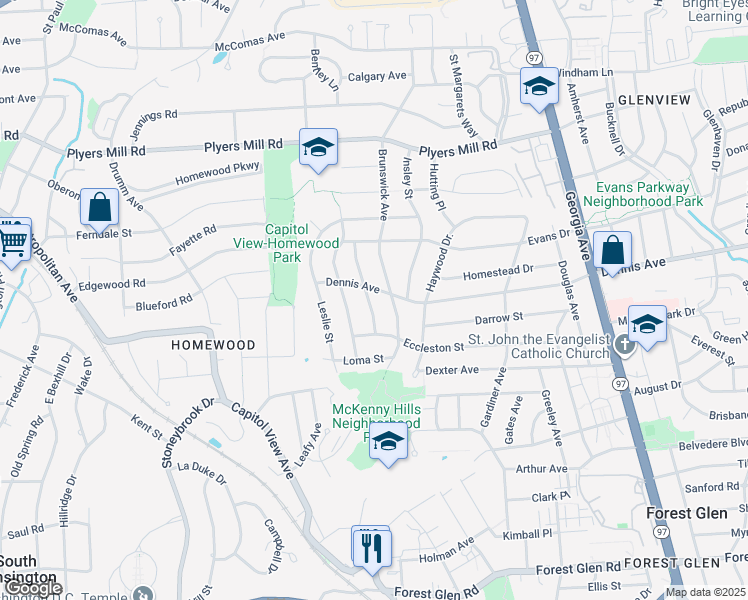 map of restaurants, bars, coffee shops, grocery stores, and more near 10213 Duvawn Place in Silver Spring