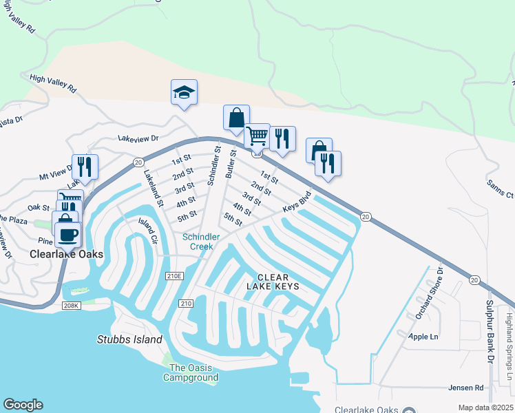 map of restaurants, bars, coffee shops, grocery stores, and more near 13169 3rd Street in Clearlake Oaks