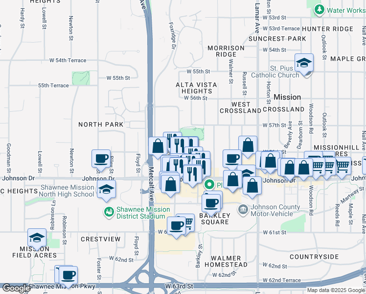 map of restaurants, bars, coffee shops, grocery stores, and more near 5799 Broadmoor Street in Mission