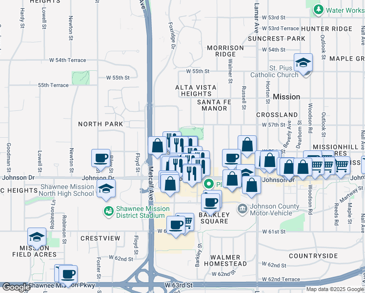 map of restaurants, bars, coffee shops, grocery stores, and more near 5799 Broadmoor Street in Mission