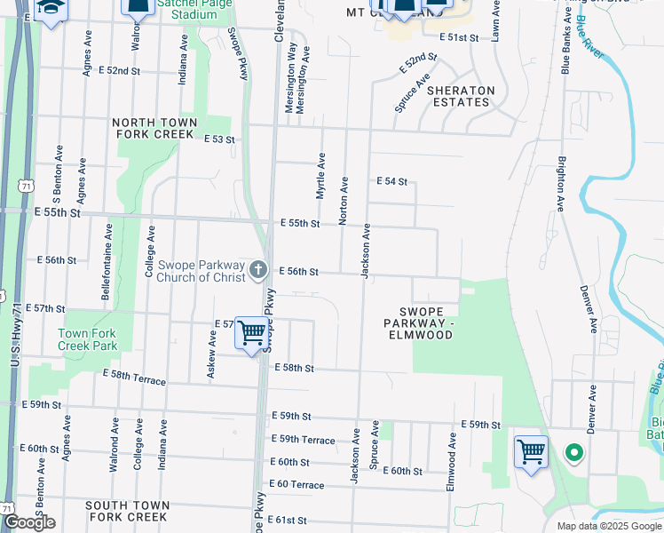 map of restaurants, bars, coffee shops, grocery stores, and more near 4003 East 56th Street in Kansas City
