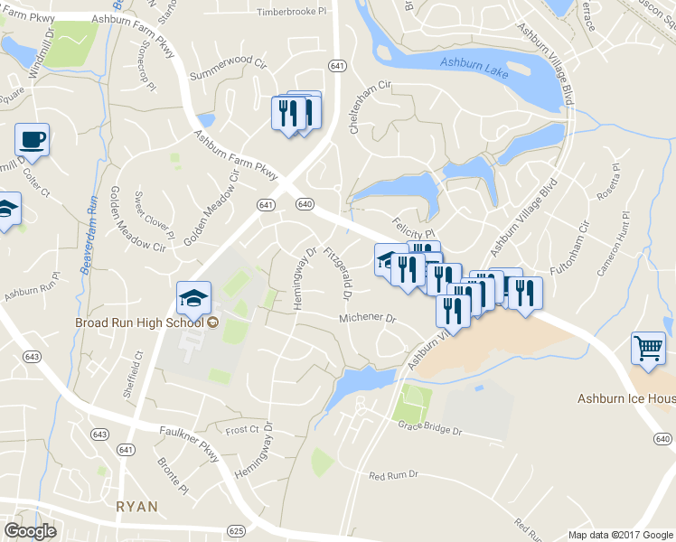 map of restaurants, bars, coffee shops, grocery stores, and more near 21381 Fitzgerald Drive in Ashburn