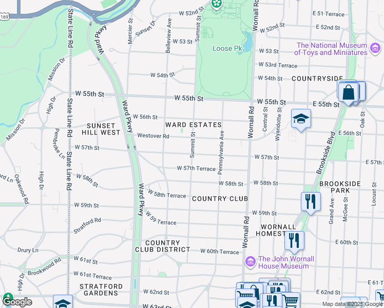 map of restaurants, bars, coffee shops, grocery stores, and more near 801 West 57th Street in Kansas City