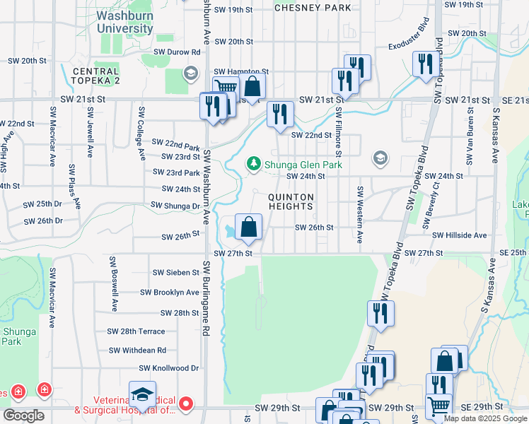 map of restaurants, bars, coffee shops, grocery stores, and more near 2536 Southwest Lincoln Street in Topeka