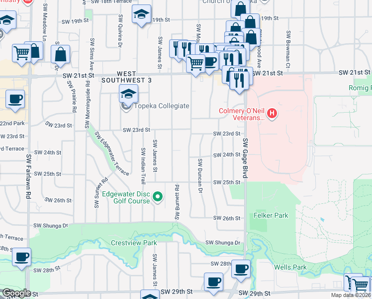 map of restaurants, bars, coffee shops, grocery stores, and more near 2333 Southwest Moundview Drive in Topeka