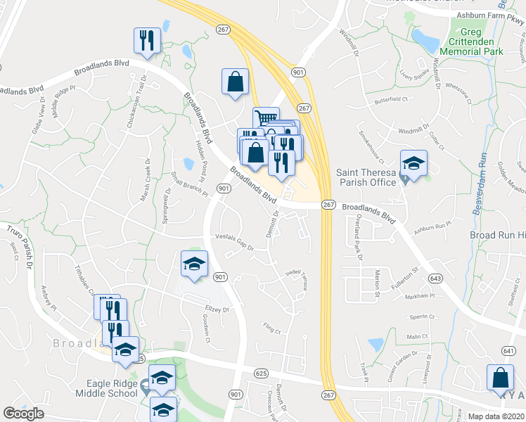 map of restaurants, bars, coffee shops, grocery stores, and more near 43117 Forest Edge Square in Broadlands
