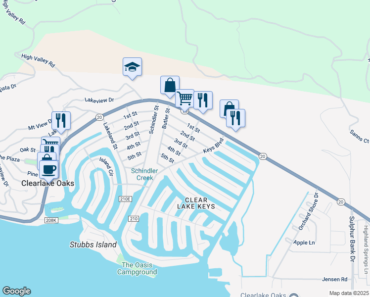 map of restaurants, bars, coffee shops, grocery stores, and more near 13169 3rd Street in Clearlake Oaks