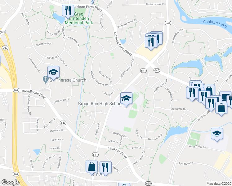 map of restaurants, bars, coffee shops, grocery stores, and more near 43607 Osage Court in Ashburn