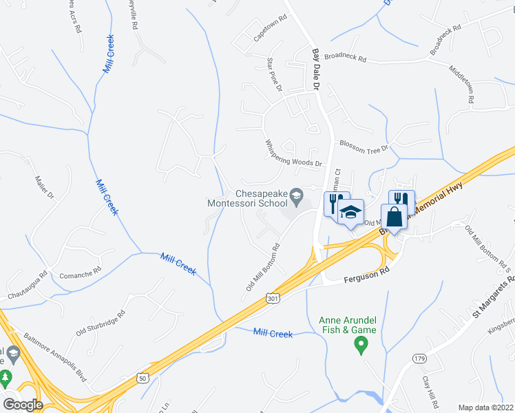 map of restaurants, bars, coffee shops, grocery stores, and more near 1605 Elkwood Court in Annapolis