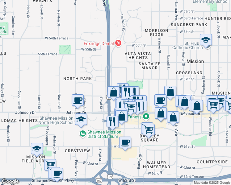 map of restaurants, bars, coffee shops, grocery stores, and more near 5775 Foxridge Drive in Mission