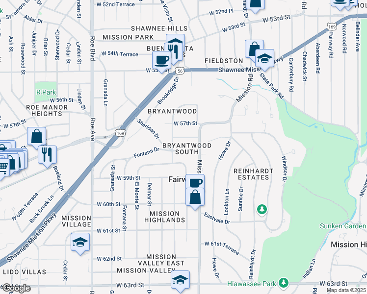 map of restaurants, bars, coffee shops, grocery stores, and more near 4001 West 58th Street in Fairway