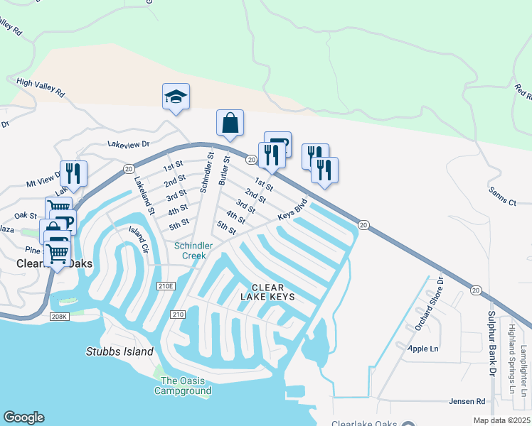 map of restaurants, bars, coffee shops, grocery stores, and more near 13262 3rd Street in Clearlake Oaks