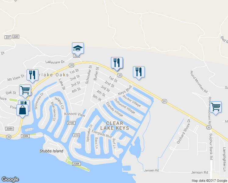 map of restaurants, bars, coffee shops, grocery stores, and more near 13262 3rd Street in Clearlake Oaks